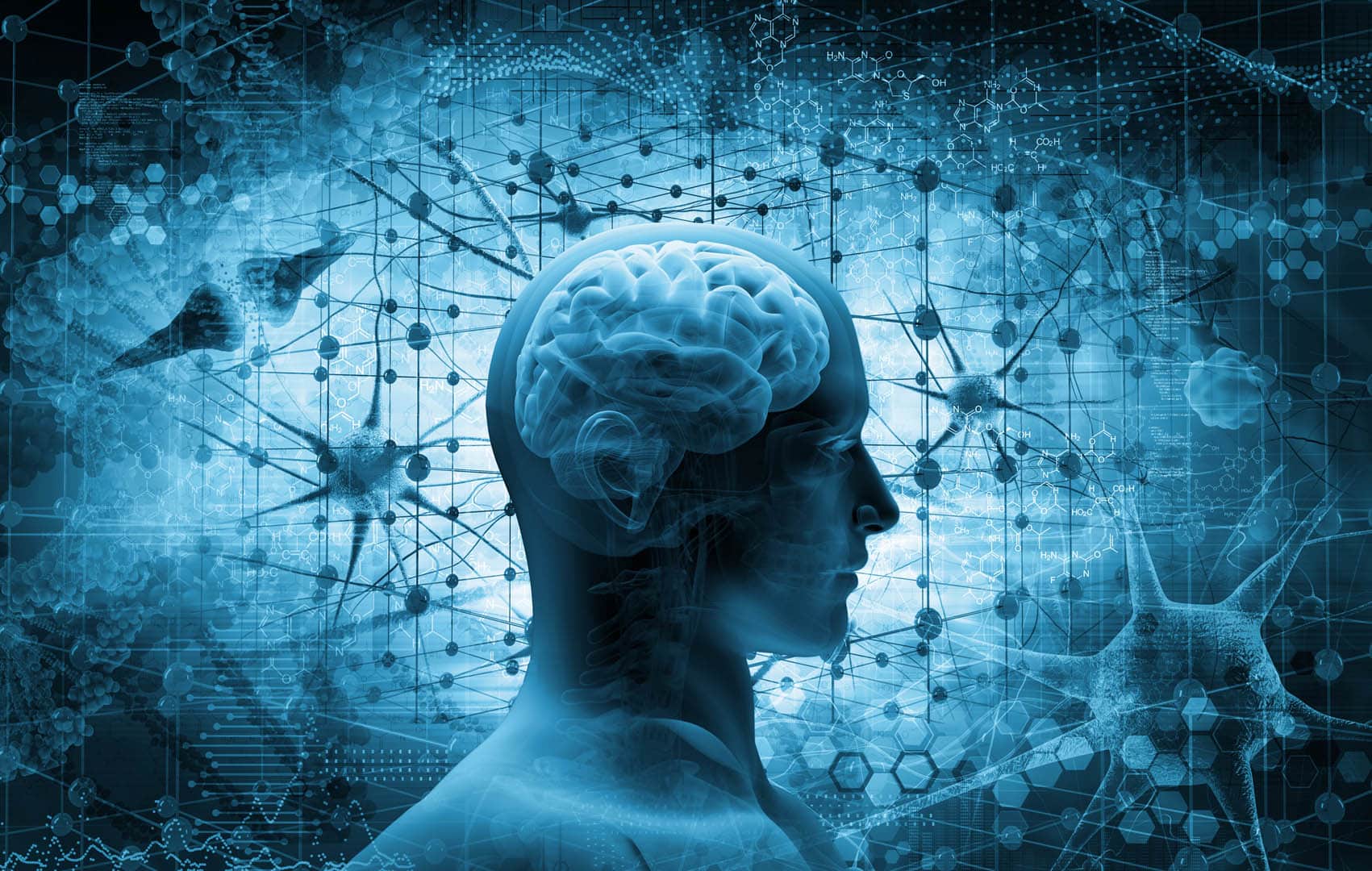 brain, thinking concept Digitale Darstellung eines menschlichen Kopfprofils mit Gehirn, umgeben von neuronalen Netzwerken und biochemischen Strukturen, im Zusammenhang mit fortschrittlichen Schlaganfallbehandlungsmethoden.